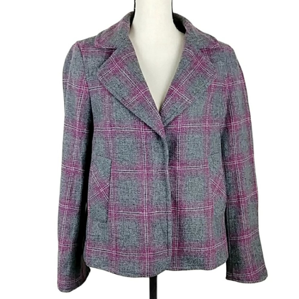 Talbot's Gray Wool Blazer Pink Plaid Size 6 Academia Pink Plaid Cozy Wool Fall